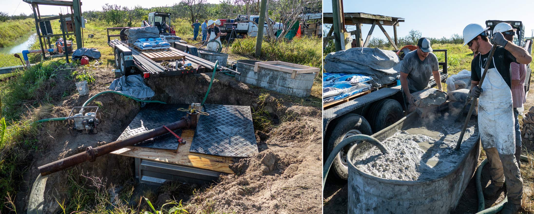 Workmen mix a cement slurry that is used to plug an abandoned well