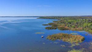 Aerial image of a large lake on a clear day