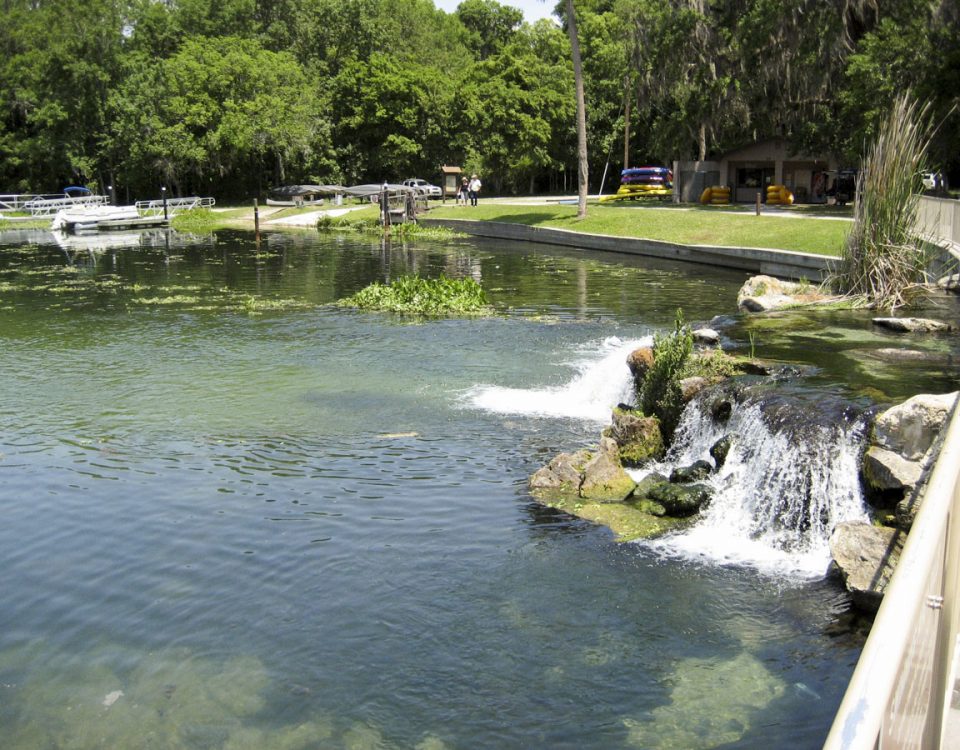 Water flowing over a small waterfall at Ponce de Leon Springs