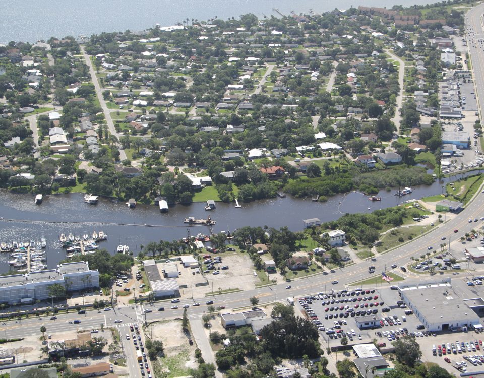 Aerial of dredging barge on the Eau Gallie River