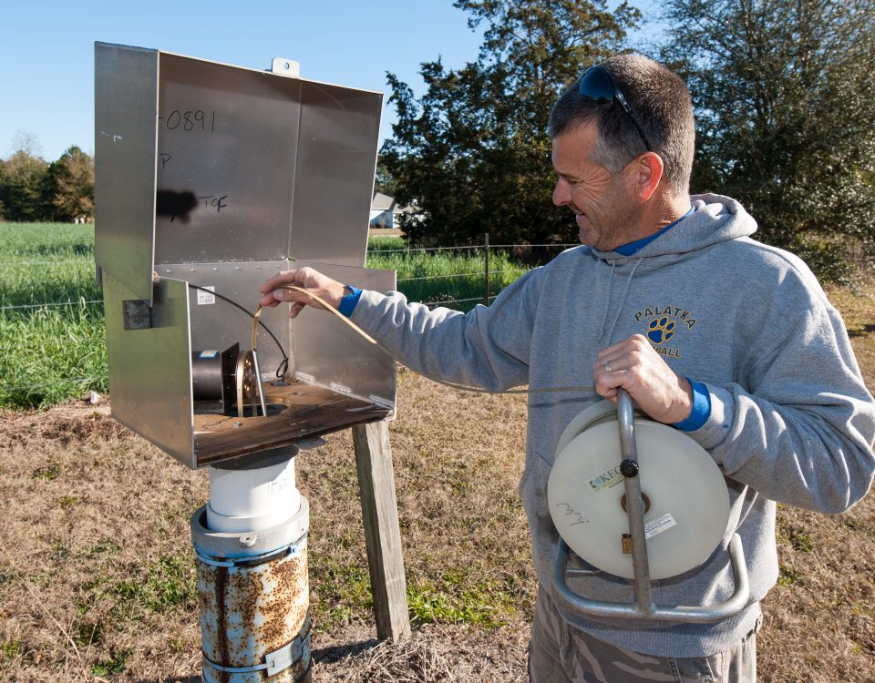 District staff measuring water level in monitoring well