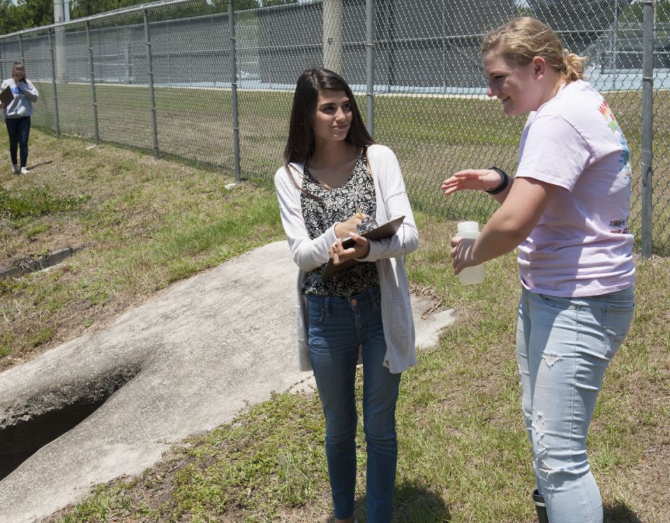 Students collecting water samples at a stormwater pond as part of the Blue School Grant program