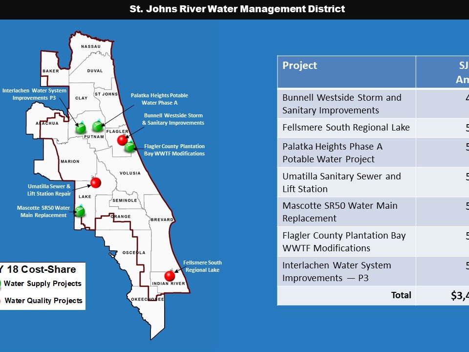 PowerPoint slide showing Fiscal Year 18 Cost-Share project locations and dollar amount