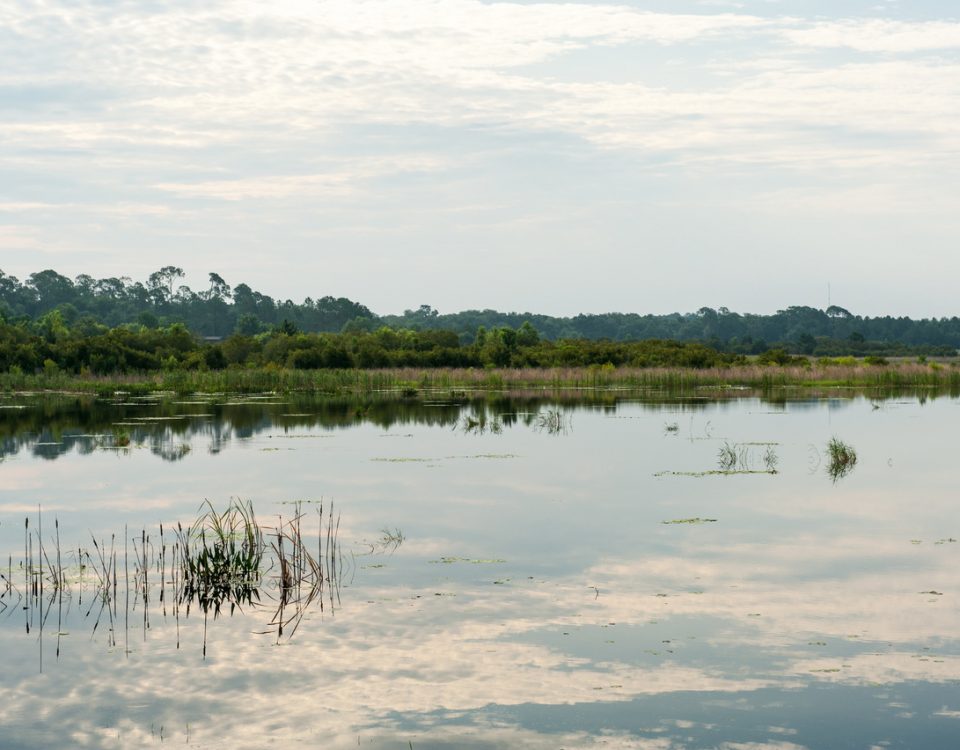 A lake at sunrise with clouds reflected in the water