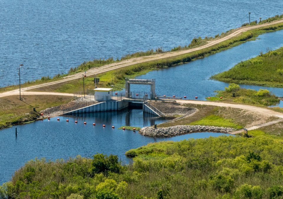 Aerial of a water control structure in the upper St. Johns River Basin