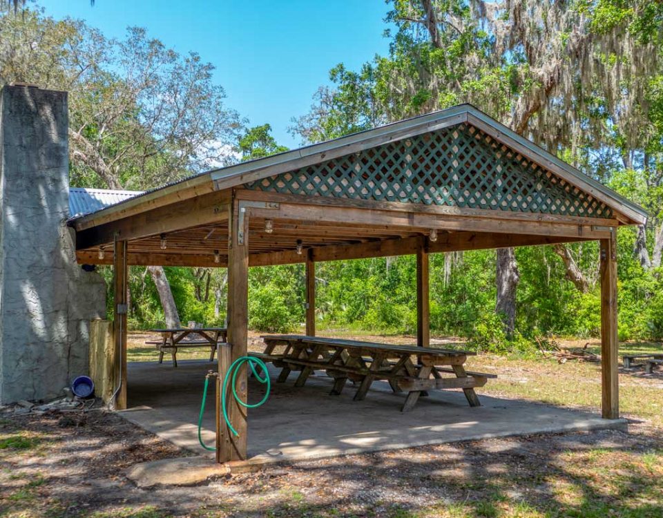 Large picnic shelter at the Crescent Lake Conservation Area group camp site