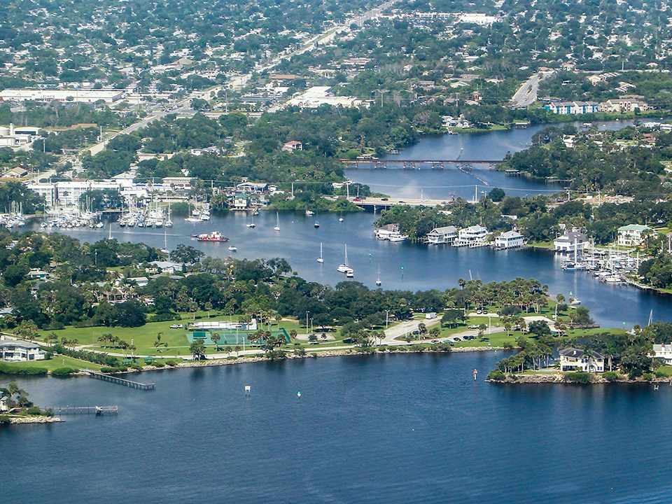 Aerial photo of the Eau Gallie River flowing into the Indian River Lagoon