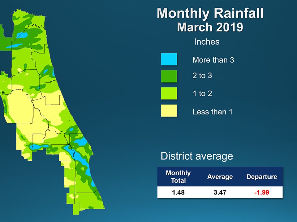 Color coded map showing rainfall amount in March 2019