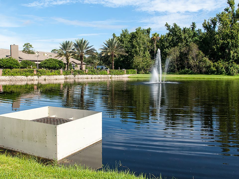 Stormwater pond with a fountain in the middle and houses behind it