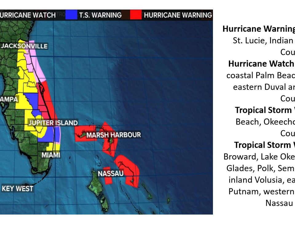 Map showing hurricane warnings and watches in Florida