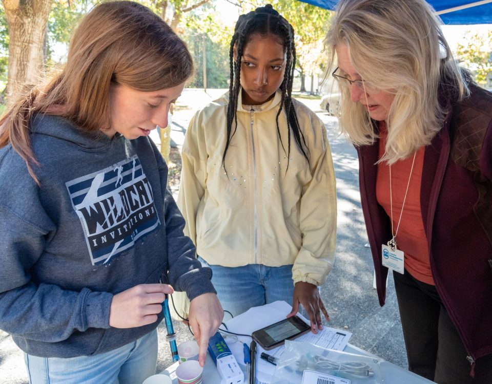 Dr. Ann Shortelle showing students water-quality technology