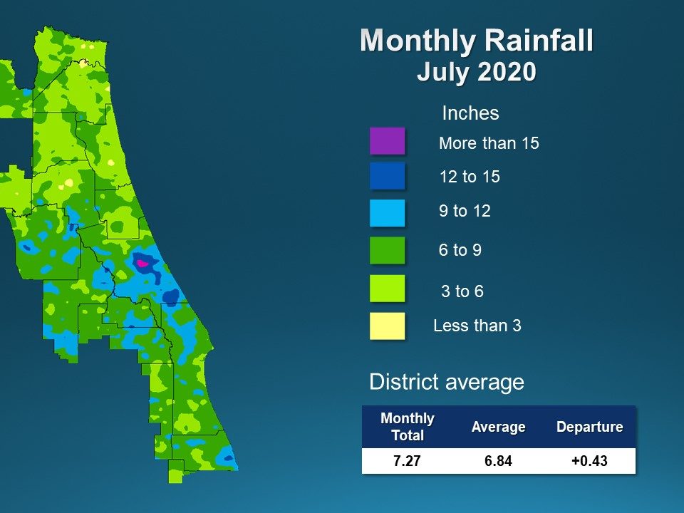 A map illustrates rainfall conditions in July across the St. Johns River Water Management District