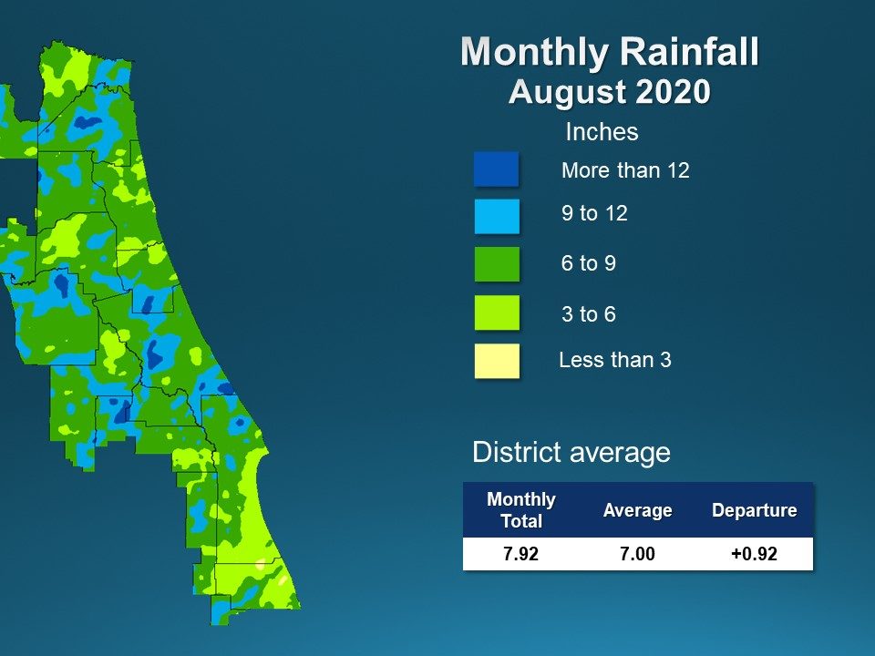 A map illustrates rainfall conditions in August