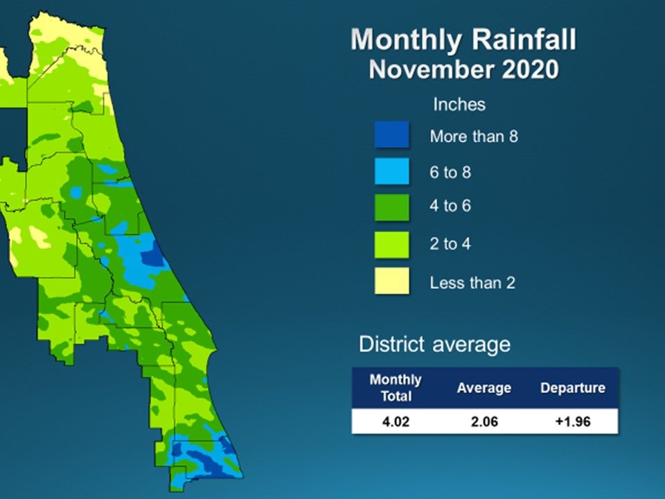 A map illustrates rainfall conditions in November across the St. Johns River Water Management District