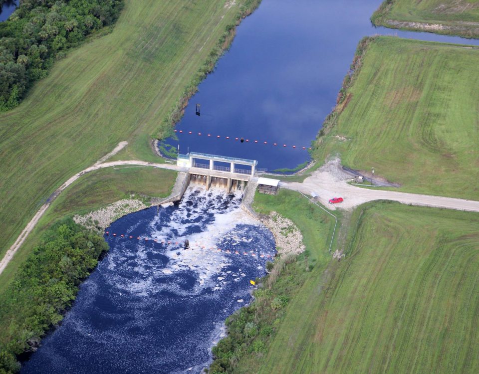 Aerial view of a District flood control structure.