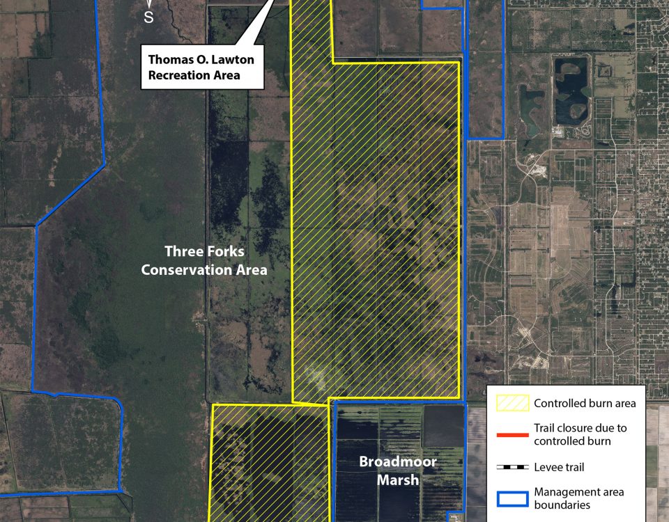 Map of Three Forks Conservation Area with indication of burn area