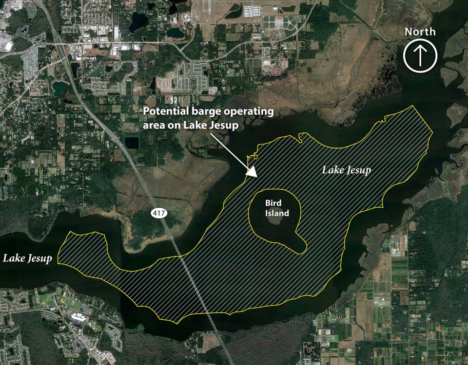 Map showing Lake Jesup with an area highlighted