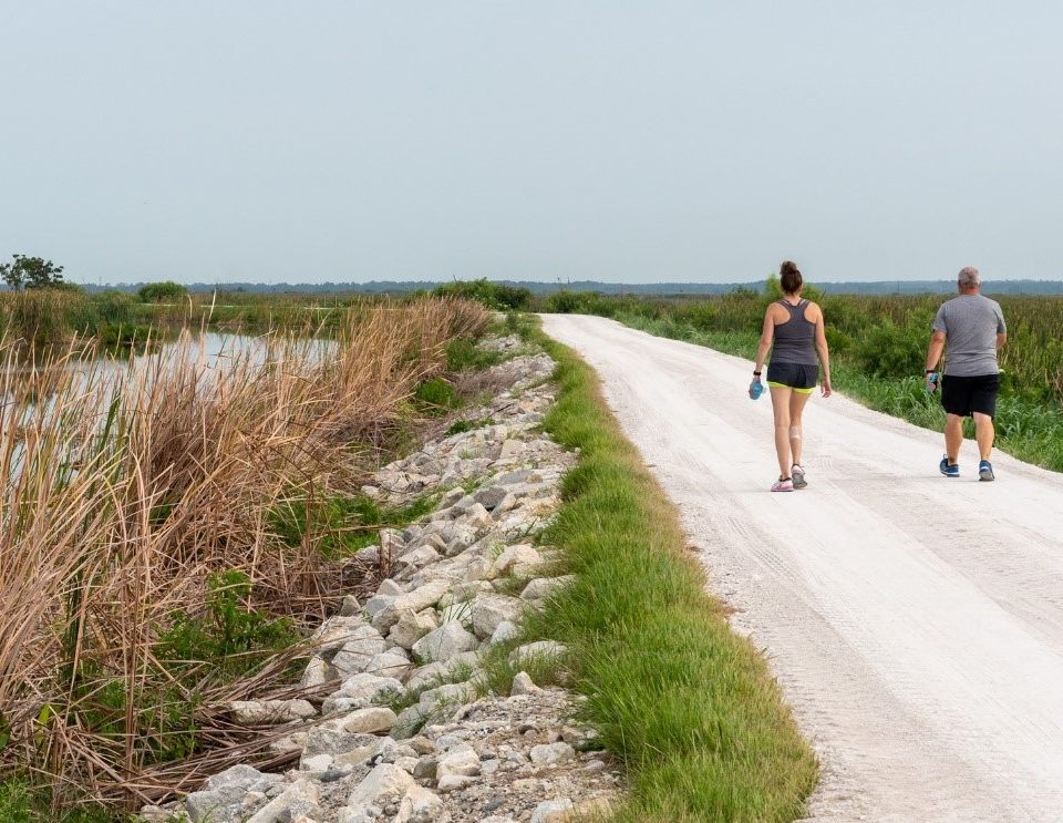 Two people walking on a trail by Lake Apopka