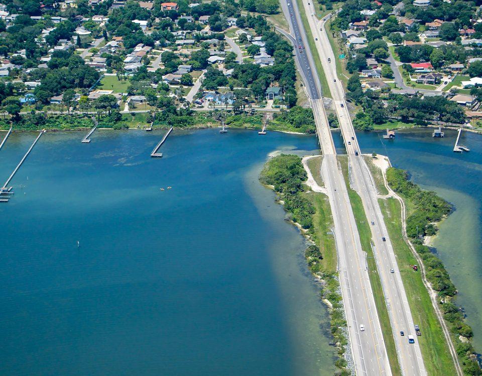 Aerial of a road crossing the Indian River Lagoon