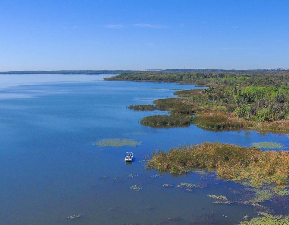 Aerial image of a large lake on a clear day